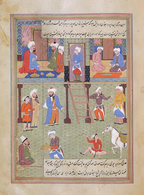 Folio with a captioned painting, divided in two. The upper part shows two dining rooms, containing five seated figures and one servant. The lower part shows a busy street, with five standing figures, a hungry dervish and a servant bringing him food, and a boy whipping a horse.